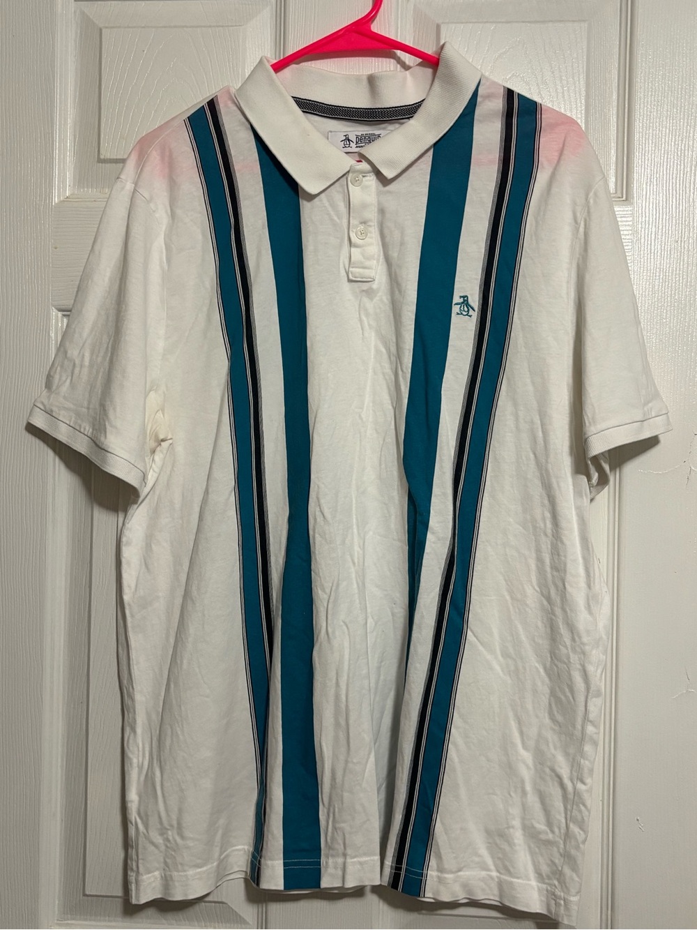 Original Penguin White Polo with Teal and Black Vertical Stripes Sz XL VGUC